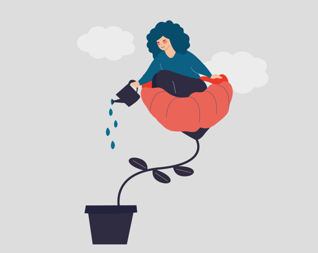 Girl,Sits,On,A,Flower,And,Waters,It,With,Happiness.