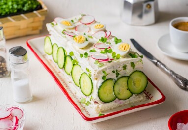 Swedish,Sandwich,Cake,Stuffed,With,Egg,Salad,,Liver,Pate,And
