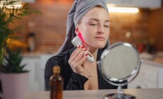 Young,Woman,Use,Ultrasonic,Skin,Scrubber,Exfoliating,Wand.,Skin,Care