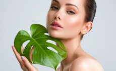 Young,Beautiful,Woman,With,Green,Leave,Near,Face,And,Body.