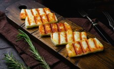 Grilling,Halloumi,Cheese,Set,,On,Old,Dark,Wooden,Table,Background