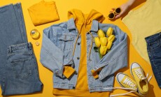 Female,Spring,Wardrobe,,Flowers,And,Glasses,In,Hand,On,Yellow