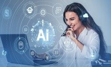 Woman,Wearing,A,Headset,,Using,A,Laptop,,Surrounded,By,Futuristic