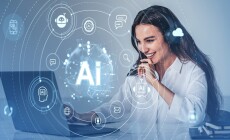 Woman,Wearing,A,Headset,,Using,A,Laptop,,Surrounded,By,Futuristic