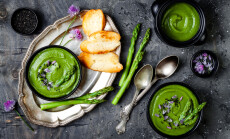 Homemade,Green,Spring,Asparagus,Cream,Soup,Decorated,With,Black,Sesame