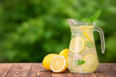 Lemonade,In,Glass,Jug,On,Wooden,Table,Outdoors.,Summer,Refreshing