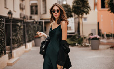 Fashionable,Pale,Brunette,In,Long,Green,Dress,,Black,Jacket,And