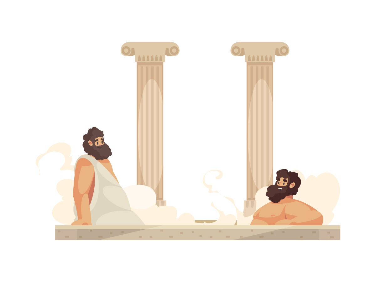 Cartoon,Roman,People,Wearing,Tunics,Relaxing,In,Thermal,Bath,Vector