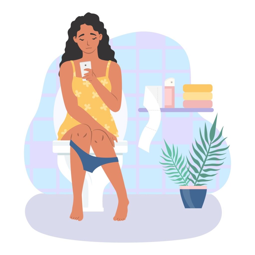 Woman,Sitting,On,Toilet,Bowl,With,Smartphone,In,Hand,,Flat