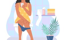 Woman,Sitting,On,Toilet,Bowl,With,Smartphone,In,Hand,,Flat