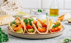 Diet,Healthy,Tacos,With,Shrimps,And,Avocado,On,Stone,Background.
