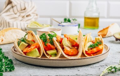 Diet,Healthy,Tacos,With,Shrimps,And,Avocado,On,Stone,Background.