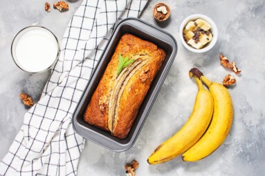 Banana,Bread,Or,Cake,In,Metal,Baking,Form,On,Concrete
