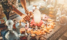 Beautiful,Altar,With,Crystals,And,Rose,Flowers.