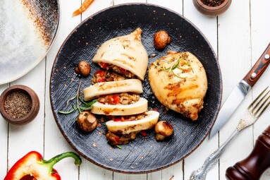 Appetizing,Grilled,Squids,With,Vegetable,Stuffing.,Roasted,Stuffed,Squid.,Mediterranean