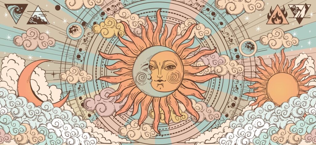 Sun,And,Moon,With,Face,,Color,Vintage,Mystical,Astrology,Poster