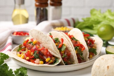 Tasty,Tacos,With,Vegetables,On,White,Wooden,Table,,Closeup