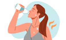 Woman,Suffering,From,Heat,,Sweating,And,Drinking,Fresh,Water,From