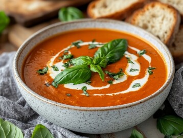 Creamy,Tomato,Soup,With,Basil,And,Swirls,Of,Cream