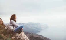 Girl,Travel,In,Mountains,Alone.,Spring,Weather,,Calm,Scene.,Backpacker