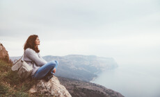 Girl,Travel,In,Mountains,Alone.,Spring,Weather,,Calm,Scene.,Backpacker
