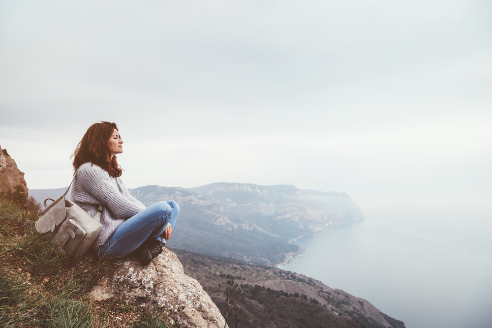 Girl,Travel,In,Mountains,Alone.,Spring,Weather,,Calm,Scene.,Backpacker