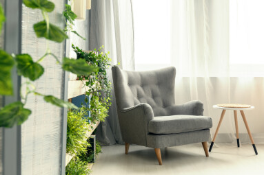 Grey,Armchair,And,Green,Plants,In,Modern,Living,Room