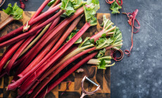 Chopped,Fresh,Rhubarb,On,Dark,Stone,Background.,Top,View.,Free