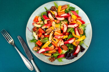 Healthy,Salad,Bowl,With,Pepper,,Rhubarb,,Nuts,And,Lettuce.,Clean