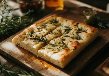 Focaccia,Bread,Topped,With,Fresh,Rosemary,And,Drizzled,With,Olive