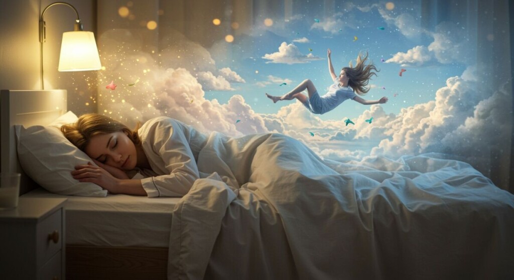 A,Woman,Is,Sleeping,And,Dreams,That,She,Is,Falling.