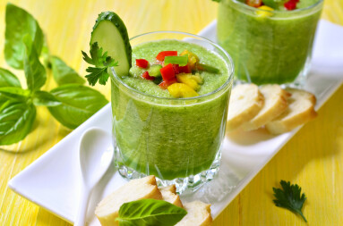 Cucumber,Gazpacho,In,A,Glass,On,Yellow,Table.