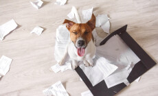 Bad,Dog,Sitting,On,The,Torn,Pieces,Of,Important,Documents.