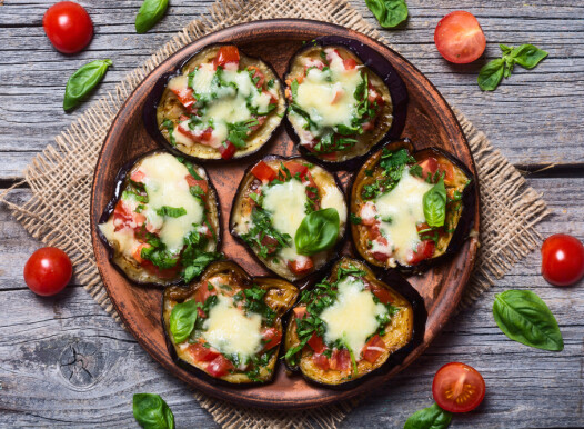 Mini,Pizza,With,Eggplant,,,Tomato,And,Basil,.,Top