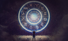 Woman,Raising,Hands,Looking,At,The,Night,Sky.,Astrological,Wheel