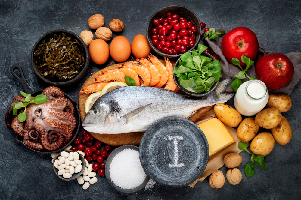 Food,High,In,Iodine,On,Dark,Gray,Background.,Healthy,Eating