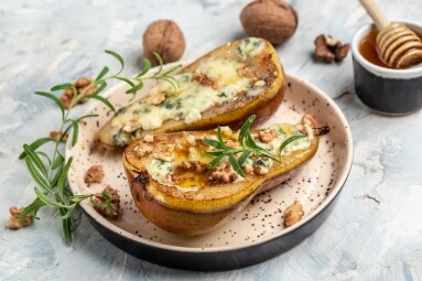 Pears,Baked,With,Blue,Cheese,,Nuts,,Honey.,Food,Recipe,Background.