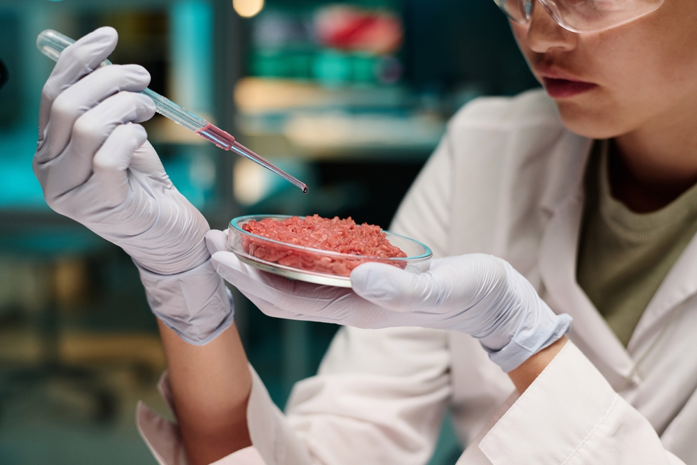 Female,Researcher,Adding,Pink,Liquid,To,Meat,Sample,Using,Pipette