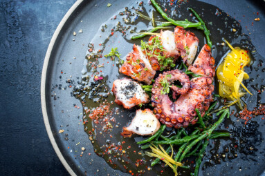 Traditional,French,Octopus,Braised,Cooked,With,Salicornia,,Lemon,Curd,And