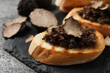 Delicious,Bruschettas,With,Truffle,Sauce,On,Grey,Table,,Closeup