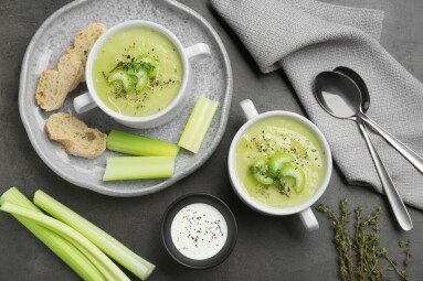 Delicious,Celery,Soup,Served,On,Gray,Table,,Flat,Lay
