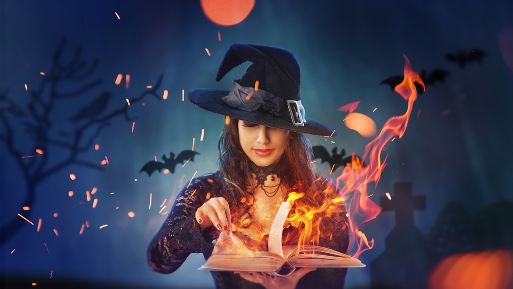 Halloween,Witch,Girl,With,Magic,Book,Of,Spells,Portrait.,Beautiful