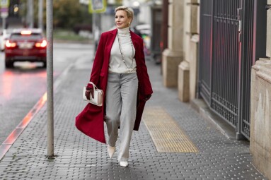 Stylish,Woman,In,Burgundy,Coat,Walks,City,Street.,Wearing,Fashionable