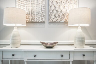 Symmetrical,View,Of,Two,Modern,White,And,Beige,Lamps,On