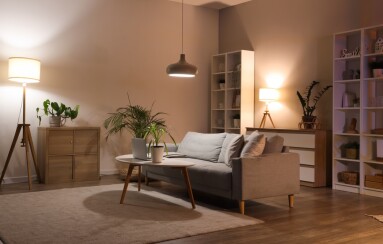Sofa,,Shelving,Unit,,Houseplants,And,Glowing,Lamps,In,Interior,Of