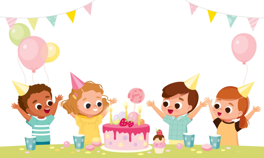 Happy,Children,With,Cake,And,Balloons,At,The,Birthday,Party.