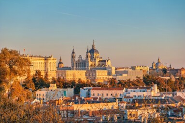 Madrid,Spain,,Sunset,City,Skyline,At,Cathedral,De,La,Almudena