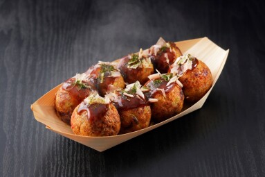Piping,Hot,Takoyaki,Served,In,A,Traditional,Boat-shaped,Tray,,Topped