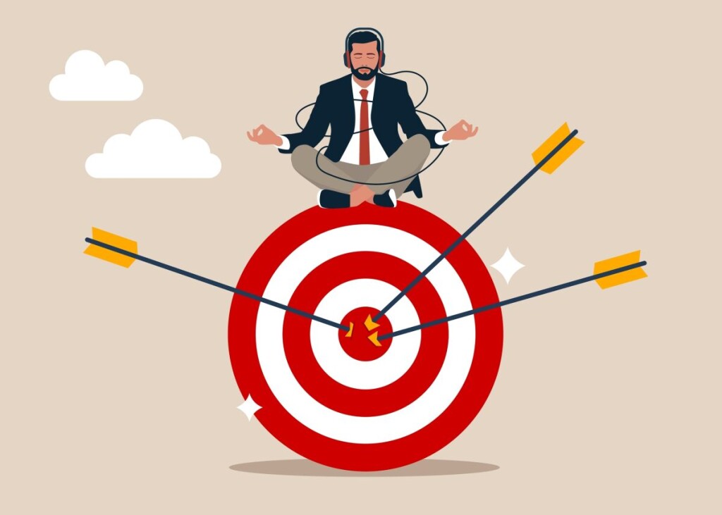 Peaceful,Entrepreneur,Meditate,Sitting,And,Focusing,On,Big,Archer,Target.