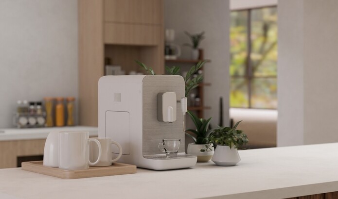 Close-up,Image,Of,A,Coffeemaker,,Mug,Tray,,Potted,Plant,And